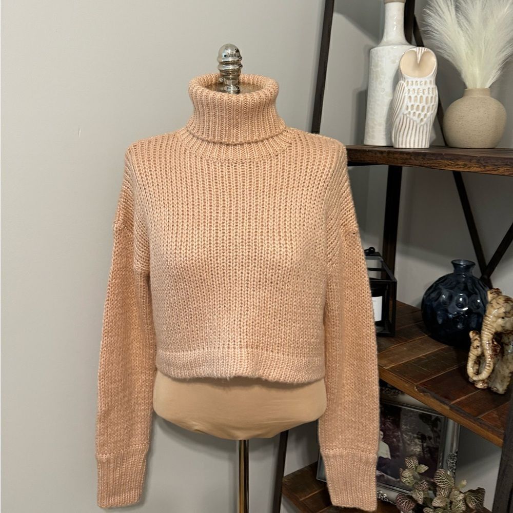 NWT Mable Anthropologie Blush Pink Turtleneck Cropped Sweater Chunky Knit SM